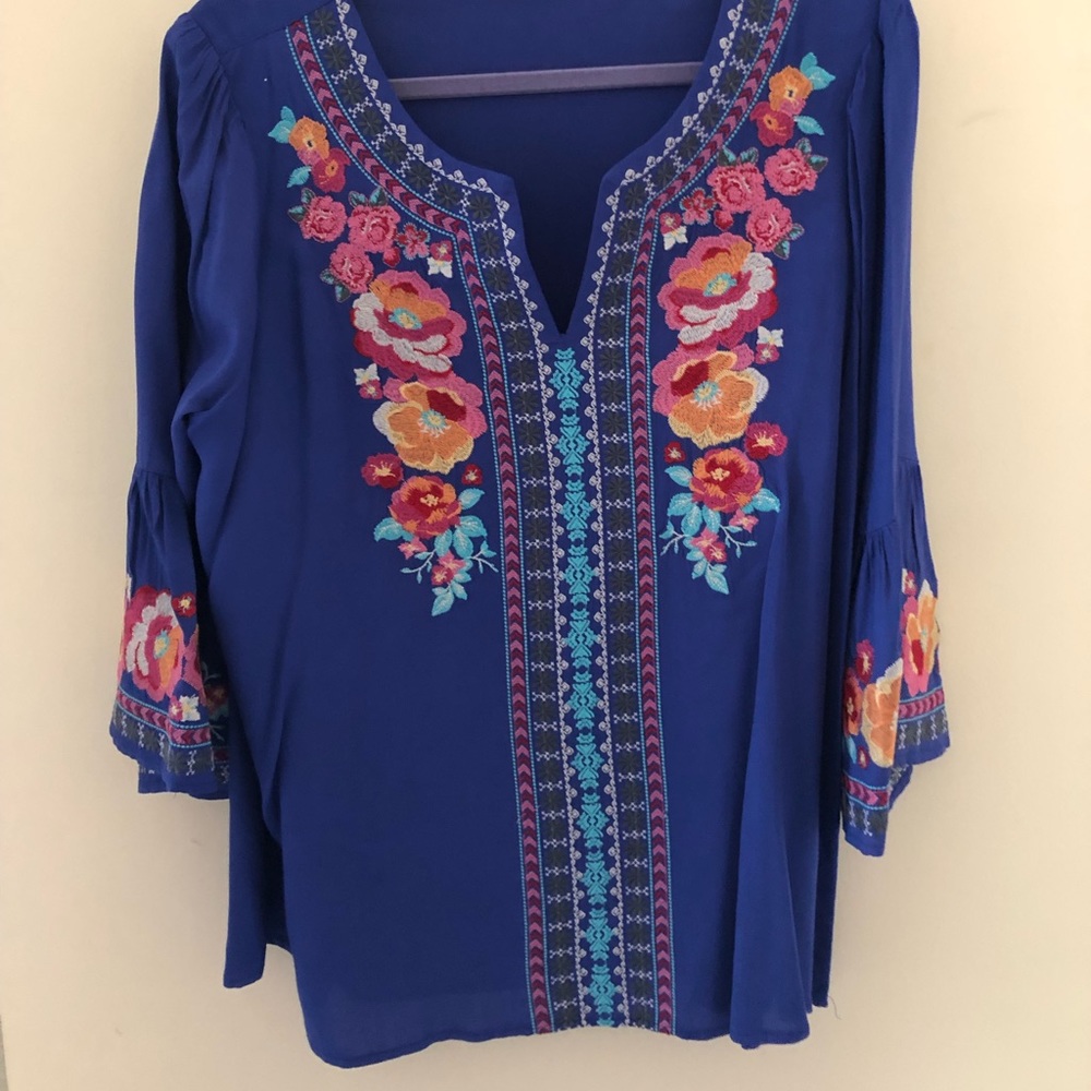 Tunic Cornflower Blue Embroidered. Bell Sleeves.